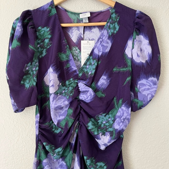 NWT A New Day Purple Floral Ruched Puff Sleeve High Low Midi Dress Women’s M - Picture 3 of 7